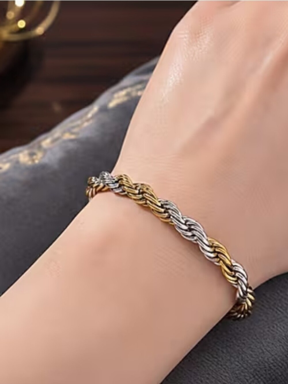 Rope Chain Bracelet in ION Plated YG and Stainless Steel (7-9In), New in Box!